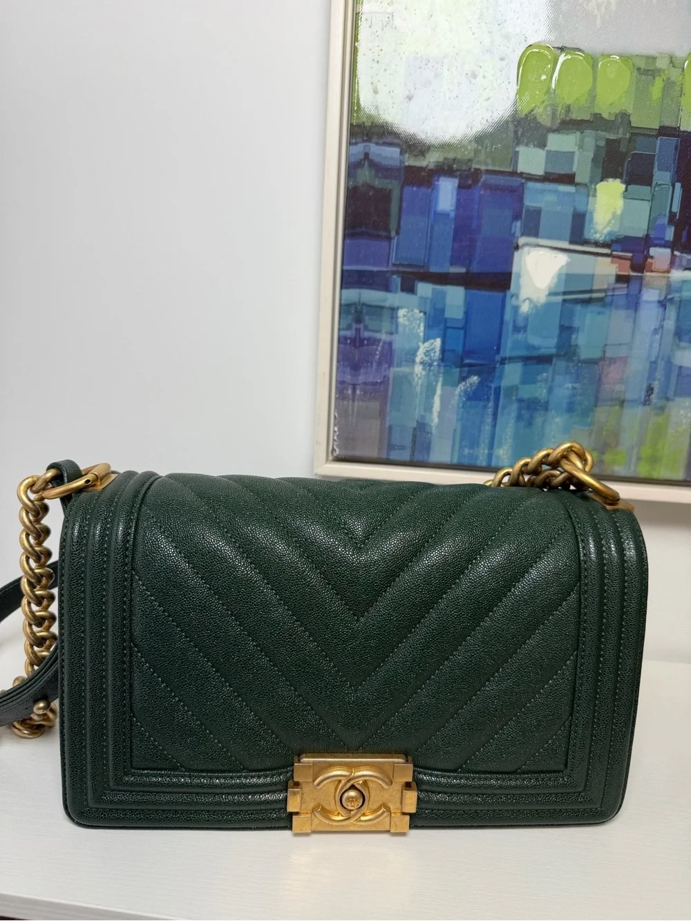 CHANEL Forest Green Chevron Boy Shoulder Bag with Gold Hardware